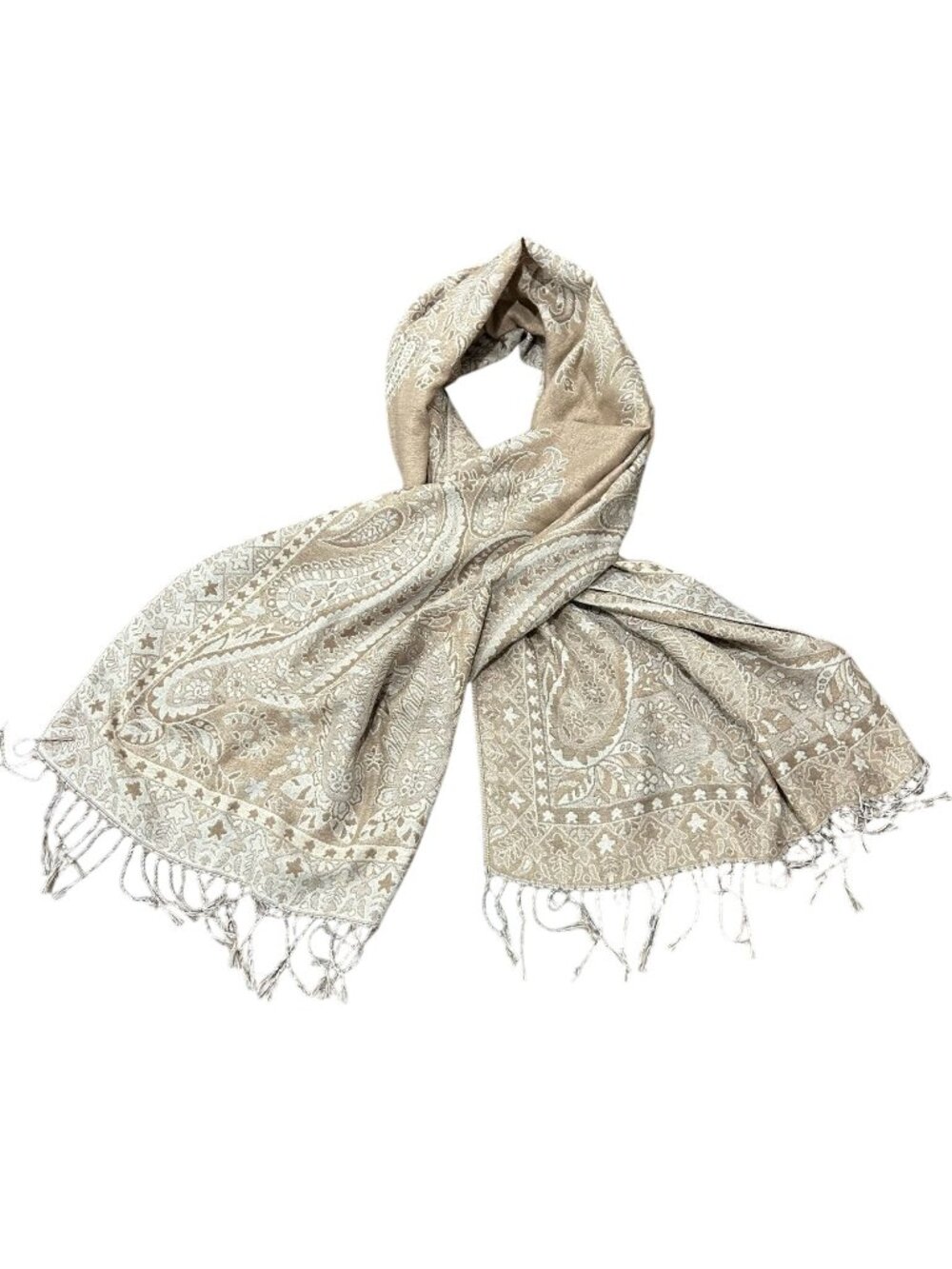 25"x63" Beige Cream Paisley Pashmina Scarf Shawl Jacquard Woven Fringe Elegant